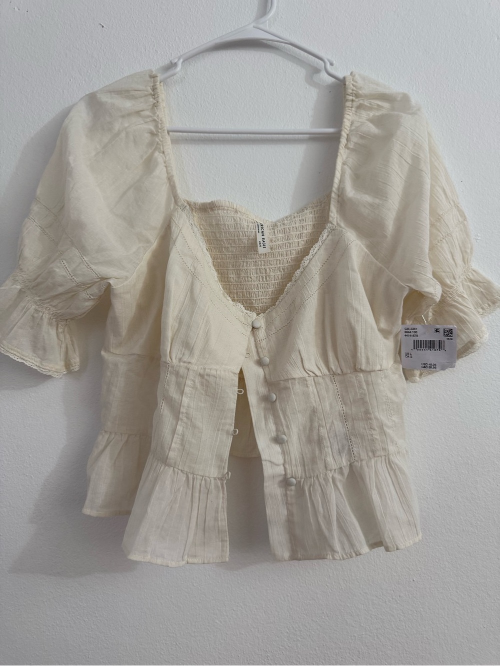 American Eagle Outfitters Cream Button-Front Puff Sleeve Top